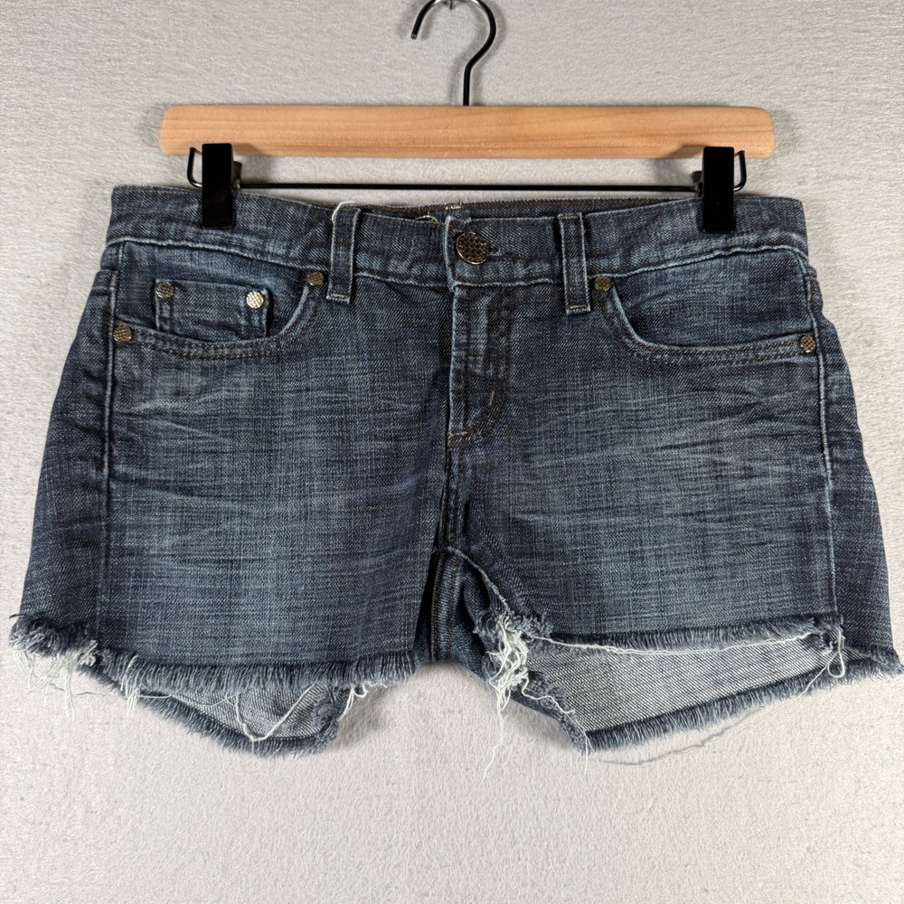 Vintage Bebe Womens Size 28 Dark Wash Frayed Hem Denim Cut Off Shorts Gold
